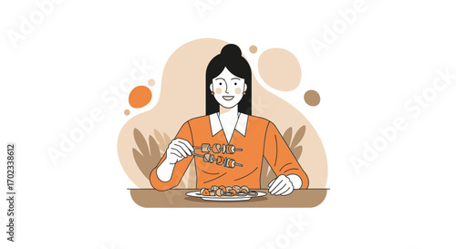 Woman Enjoying Meal, Skewers, Simple Illustration, Modern Dining, Appetite, Delightful Cuisine