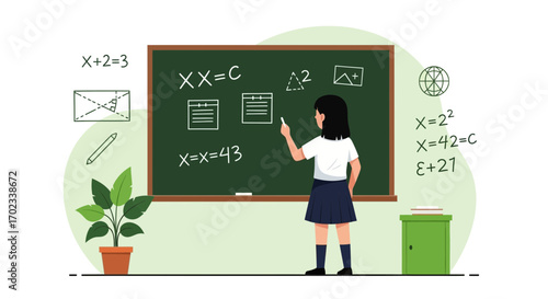 Young Educator Explaining Mathematical Concepts Written On A Blackboard With Illustration