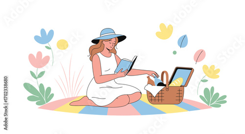 Woman enjoying picnic with food and drink while reading book in the park during summer
