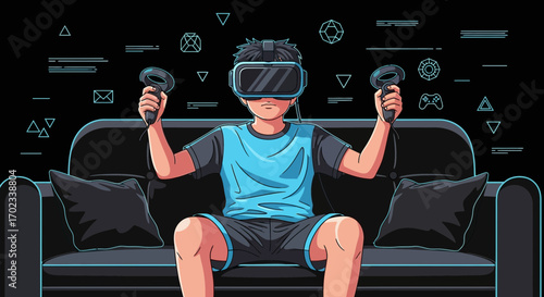 Young Gamer Immersed in Virtual Reality Using VR Goggles and Controllers on a Couch