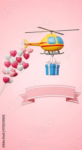 A cheerful yellow helicopter, laden with a blue gift box, floats amidst a flurry of heart-shaped balloons against a soft pink backdrop.