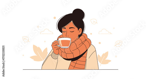 Woman Enjoying Warm Beverage, Cozy Autumn Illustration in Peaceful Serenity and Solace