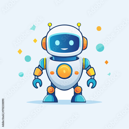 Whimsical illustration of a friendly, cartoon-style robot character with colorful details and playful design