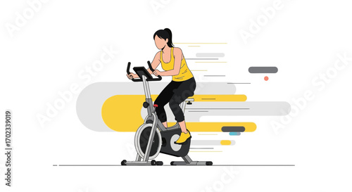 Woman Exercising on Stationary Bike in Modern Illustration of Fitness and Sport Activities