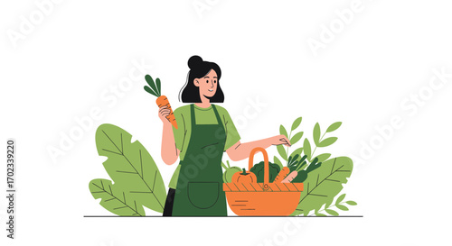 Woman Harvesting Vegetables From Garden With Basket Full Of Harvested Goods For Consumption