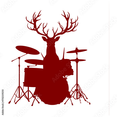 Christmas reindeer silhouette playing drum kit musical instrument