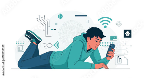 Young Man Engaging Technology Devices While Relaxing, Wireless Connectivity Illustrated