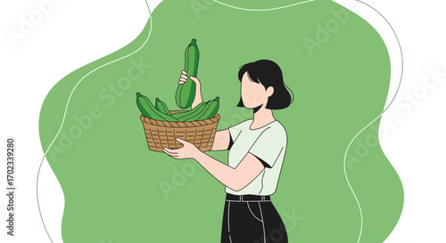 Woman holding a basket with zucchini with a green background illustration artwork