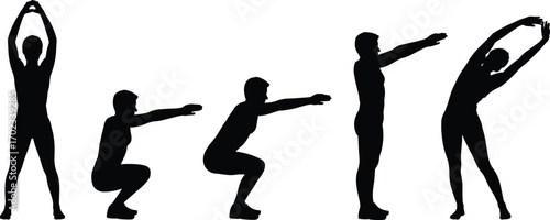 Silhouettes of men and women doing fitness stretches, warm-up exercises, squats, and flexibility training, perfect for workout, gym, health content
