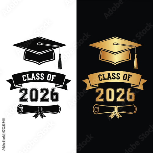 Class of 2026 graduation emblems in black and gold, featuring a mortarboard cap and diploma scroll.