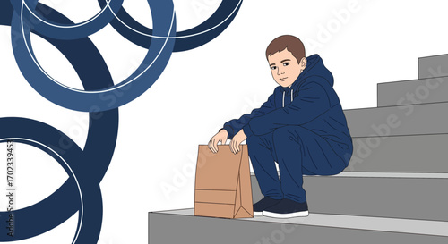 Young man in a blue hoodie and pants sitting on stairs with a paper bag next to him
