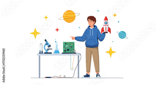 Young Man Illustrating Rocketry And Science Concepts With Laboratory Tools and Illustrations