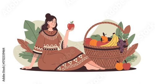 Woman Holding Apple Next To Fruit Basket With Leaves Peaceful Scene Illustration