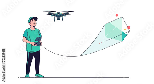 Young man operating a drone, vector illustration, technology and leisure concept