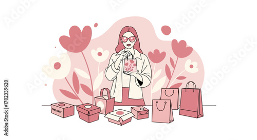 Woman Holding Shopping Bag Surrounded by Boxes and Flowers in a Pink Illustration