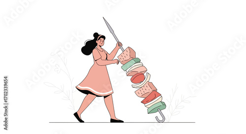 Woman Holds Delicious Skewer, Celebrating Summer With Freshly Grilled Food