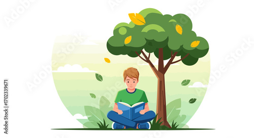 Young man reading under a tree, in a sunny day, enjoying the nature and book