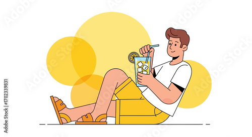Young Man Relaxing Enjoying a Refreshing Beverage During a Sunny Day With Yellow Bubbles