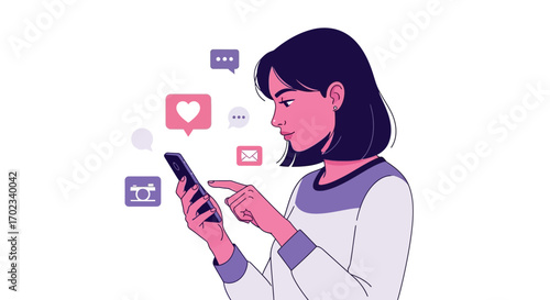 Woman Interacts With Smartphone Depicting Social Media Icons and Symbolizing Digital Communication