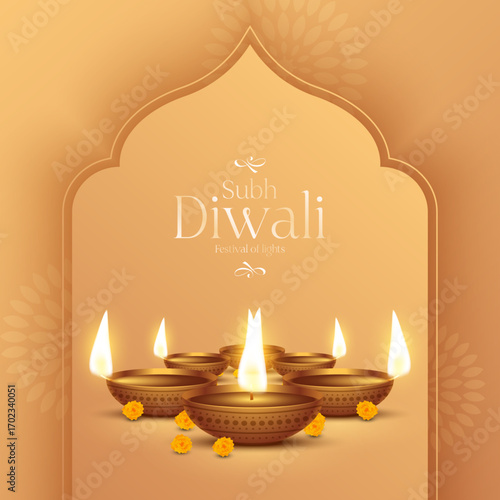 Happy Diwali - festival of lights colorful poster template design with decorative diya lamp. vector illustration.  Indian festival of lights Happy Diwali, holiday Background, Diwali celebration.
