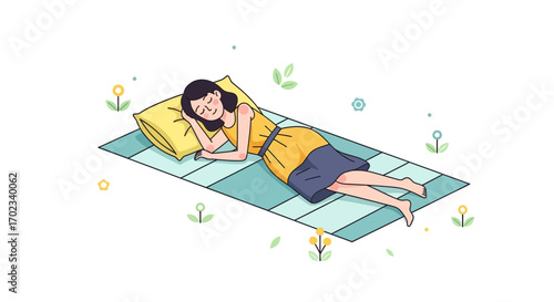 Woman Is Sleeping And Dreaming Beautifully On A Pillow While Relaxing Outdoors