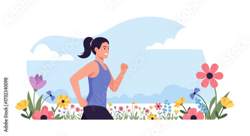 Woman jogging in a field of flowers in beautiful spring weather vector illustration