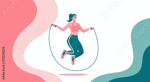 Woman Jumping Rope in a Vibrant Illustration for Fitness and Overall Wellbeing