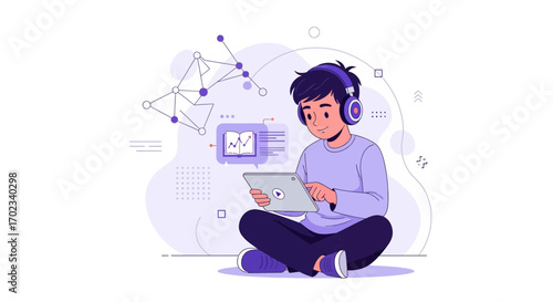 Young Person Enjoying Technology and Studying Online with Headphones in a Modern Style