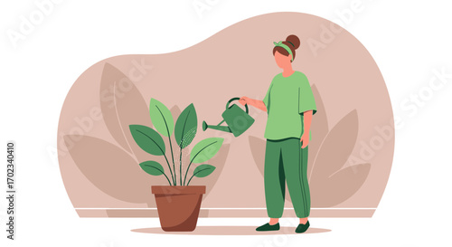Woman Nurturing Indoor Plant, Watering Greenery with Artistic and Modern Aesthetic