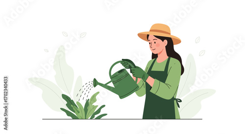 Woman Nurturing Plants In Garden With Watering Can: Agricultural And Horticulture Scene
