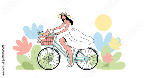 Woman on a bicycle with a picnic basket, enjoying a sunny day in nature