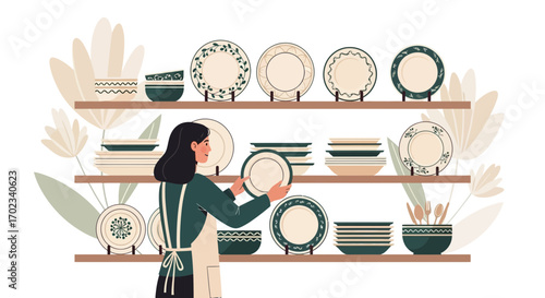 Woman Organizes Plates On Shelves, Kitchen Display, Home Decor, Dishes, Ceramics