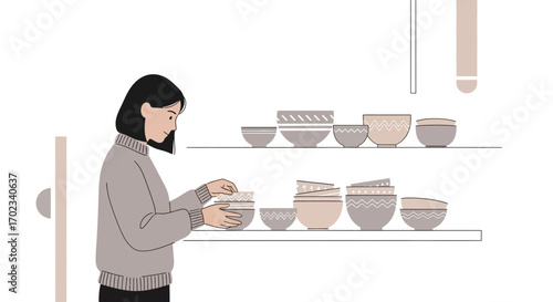 Woman organizing ceramic bowls on shelves in a minimalist illustration