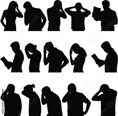 Silhouettes of stressed people, holding heads in frustration, anxiety, problem solving, emotional tension, mental pressure, burnout, reading bad news.