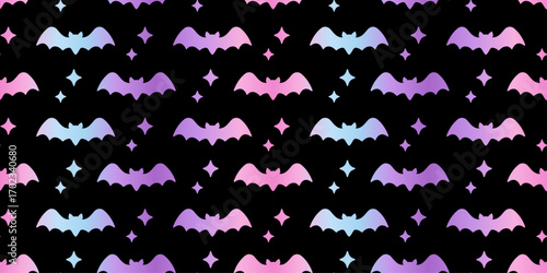 Seamless Halloween pattern with pastel gradient bats and sparkling stars on black background. Spooky gothic style for textiles, wrapping paper, party decor, stationery and scrapbooking.