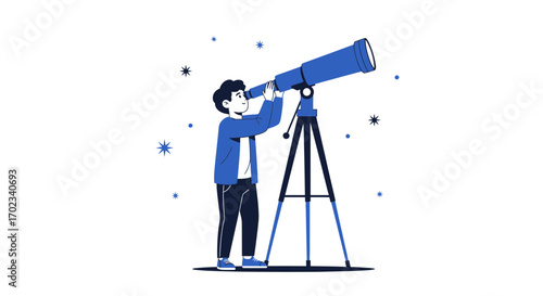 Young Person Stargazing Through a Telescope, Watching the Cosmos, Exploring Universe