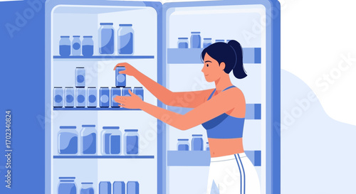 Woman Organizing The Pantry with Colorful Bottled Provisions for a Healthy Diet