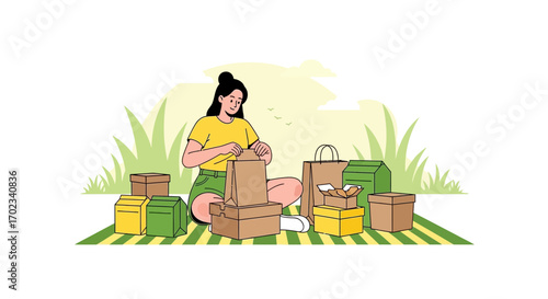 Woman packing and unpacking boxes and bags outdoors during a picnic scene or activity