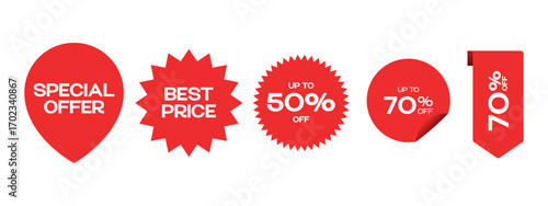 Red sale labels with discount tags special offer and price promotion
