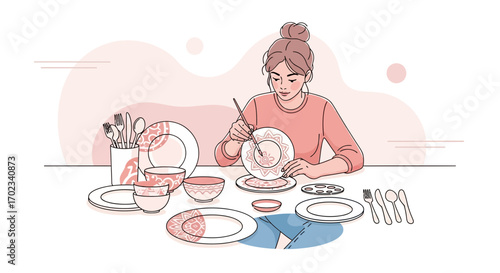 Woman Painting Floral Design On Pottery, Artistic Crafting And Creative Lifestyle Illustration
