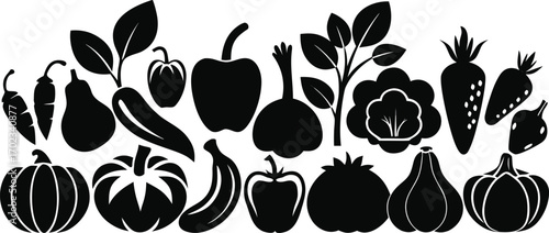 Collection of black vegetable and fruit silhouettes Keywords: vegetable, fruit, silhouette, icon