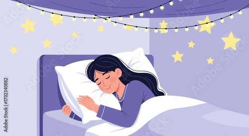 Woman peacefully sleeping in bed surrounded by stars and fairy lights in a cozy bedroom