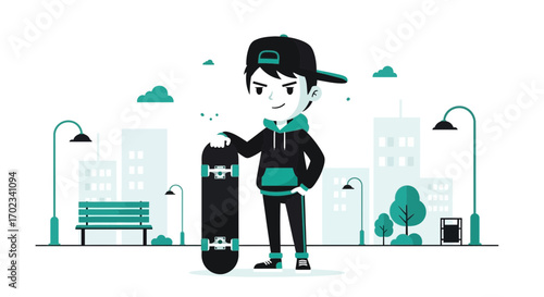 Young Skateboarder Posing in Urban Park Scene Against City Skyline, Stylish Illustration