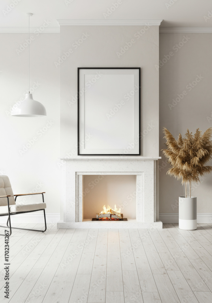 Fototapeta premium Modern Black Frame Mockup Above Fireplace with Burning Fire.