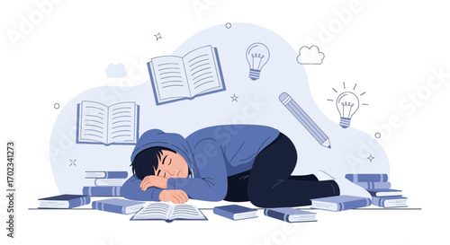 Young student sleeping on books, concept of exhaustion, burnout, and overworking