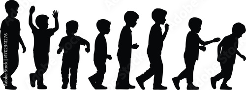 Silhouettes of young boys walking, running, playing, child development, childhood movement, active kids, outdoor fun, playful children, diverse poses, happy boys, energy, growth stages, kids activity