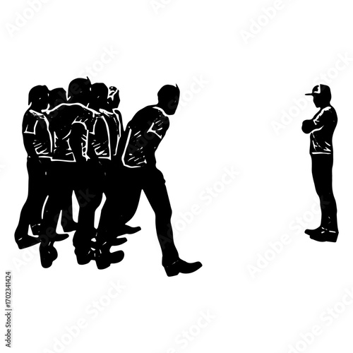 Silhouette vector of group of men facing one person, confrontation or discussion scene in black and white