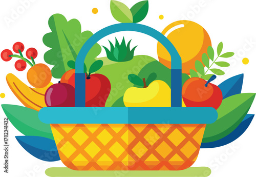 Whimsical Fruit Basket Illustration with Leaves and Berries