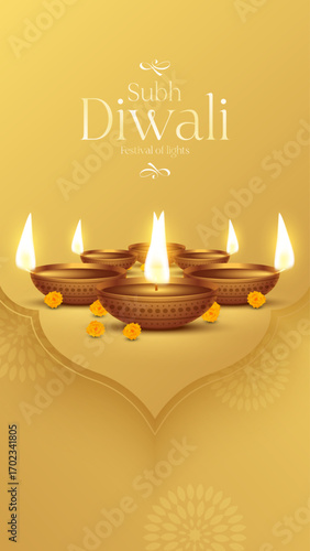 Happy Diwali - festival of lights colorful poster template design with decorative diya lamp. vector illustration.  Indian festival of lights Happy Diwali, holiday Background, Diwali celebration.