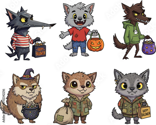 Cute Halloween werewolf characters in costumes holding candy buckets, cartoon wolf trick or treaters, spooky kids art, vector illustration set